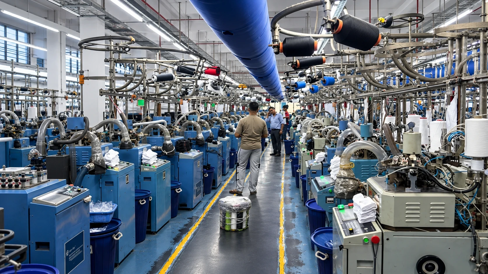 Circular sock knitting machines operating along the production floor